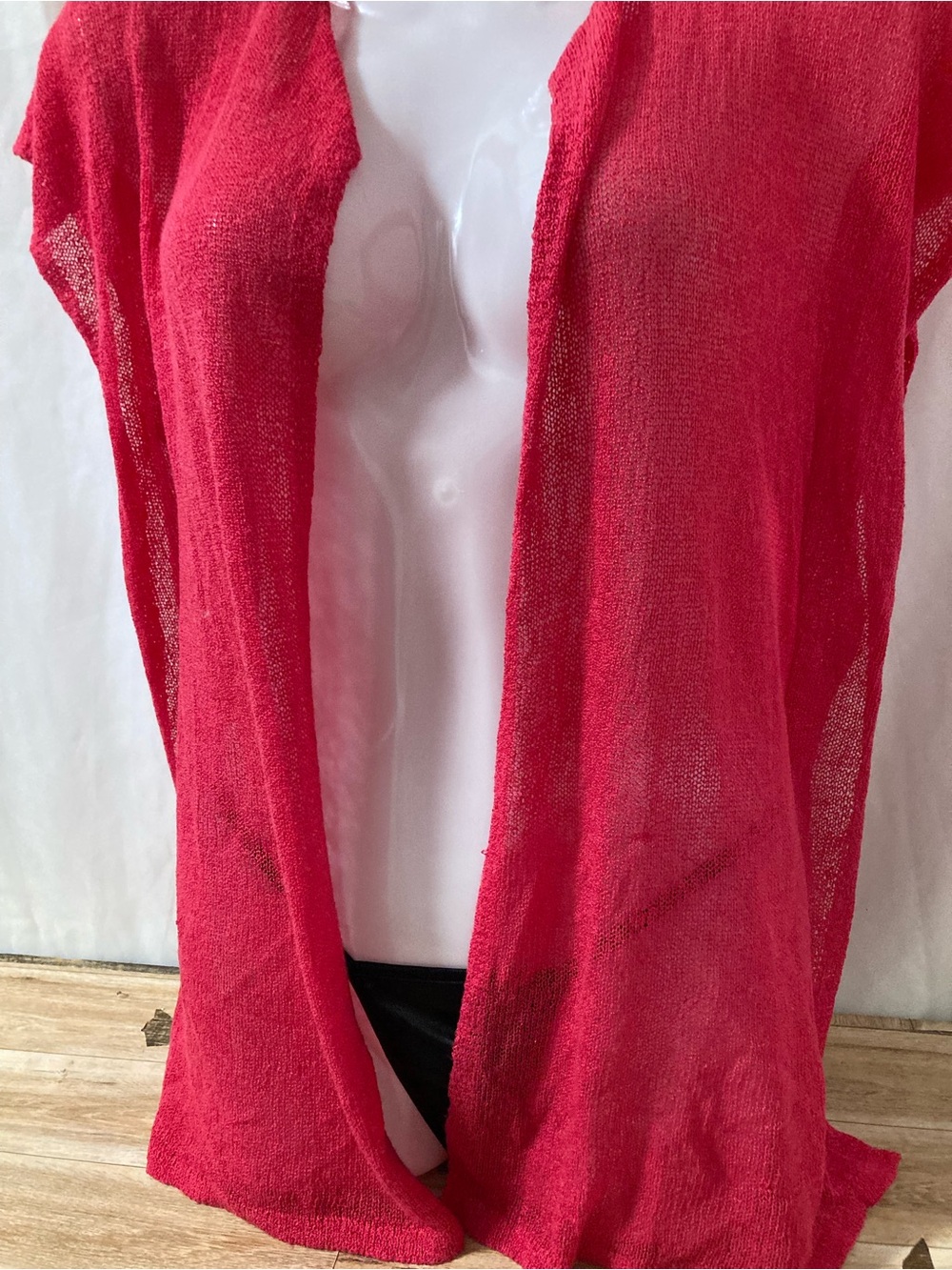 Contemporaine Simons Red Open Front Sheer Knit Cardigan Petite Small - Picture 4 of 4